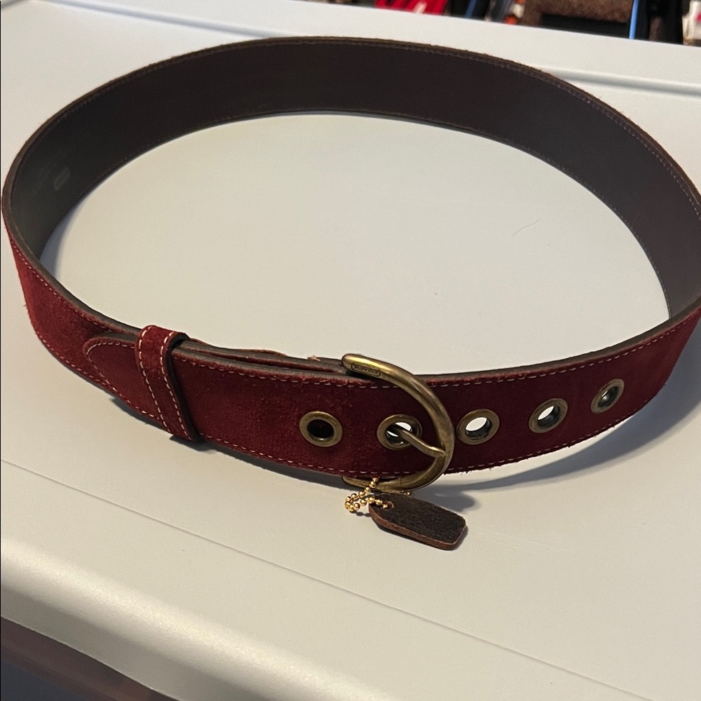 Coach Vintage Burgundy Suede Belt with Solid Brass Accents
